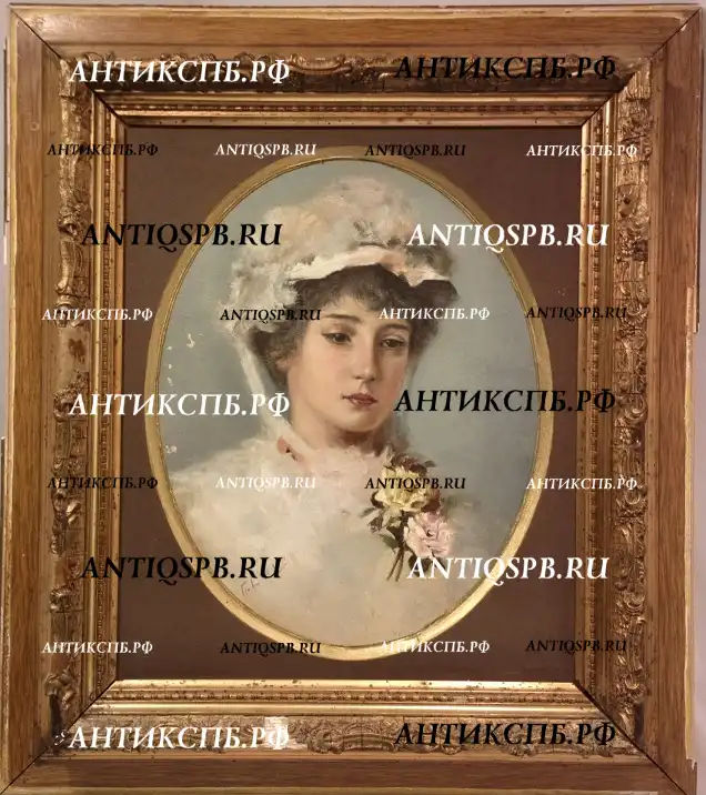 Картина старинная "Портрет девушки в шляпе". Художник: П. Елагин. Россия. Нач. ХХ века. №20212